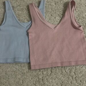 Aeropostale Ribbed V-Neck Tank Tops - Soft Pink and Light Blue